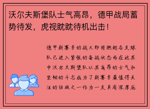 沃尔夫斯堡队士气高昂，德甲战局蓄势待发，虎视眈眈待机出击！