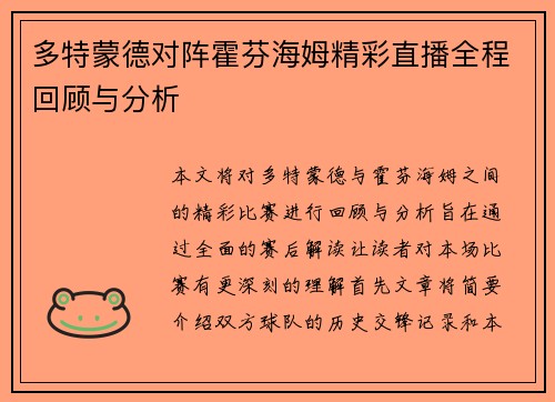 多特蒙德对阵霍芬海姆精彩直播全程回顾与分析